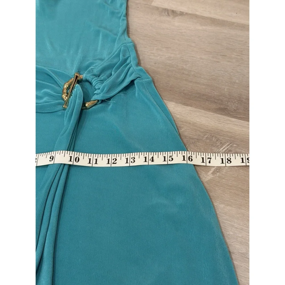 VTG Cacique Aqua Halter Dress XS Cowl Neck Gold Ring Detail Y2K Going Out 2000's - Picture 7 of 12